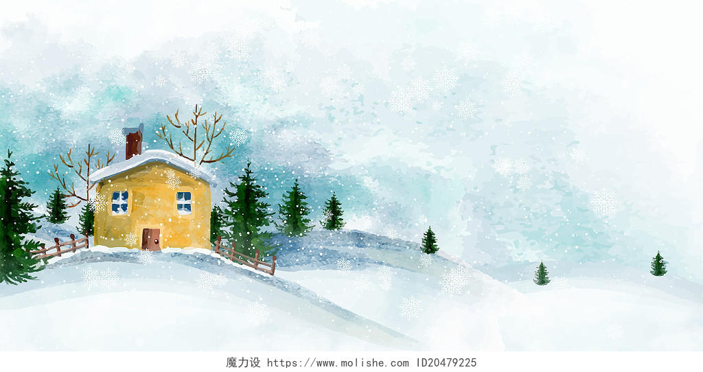蓝色小清新场景房子松树山坡立冬雪景展板背景